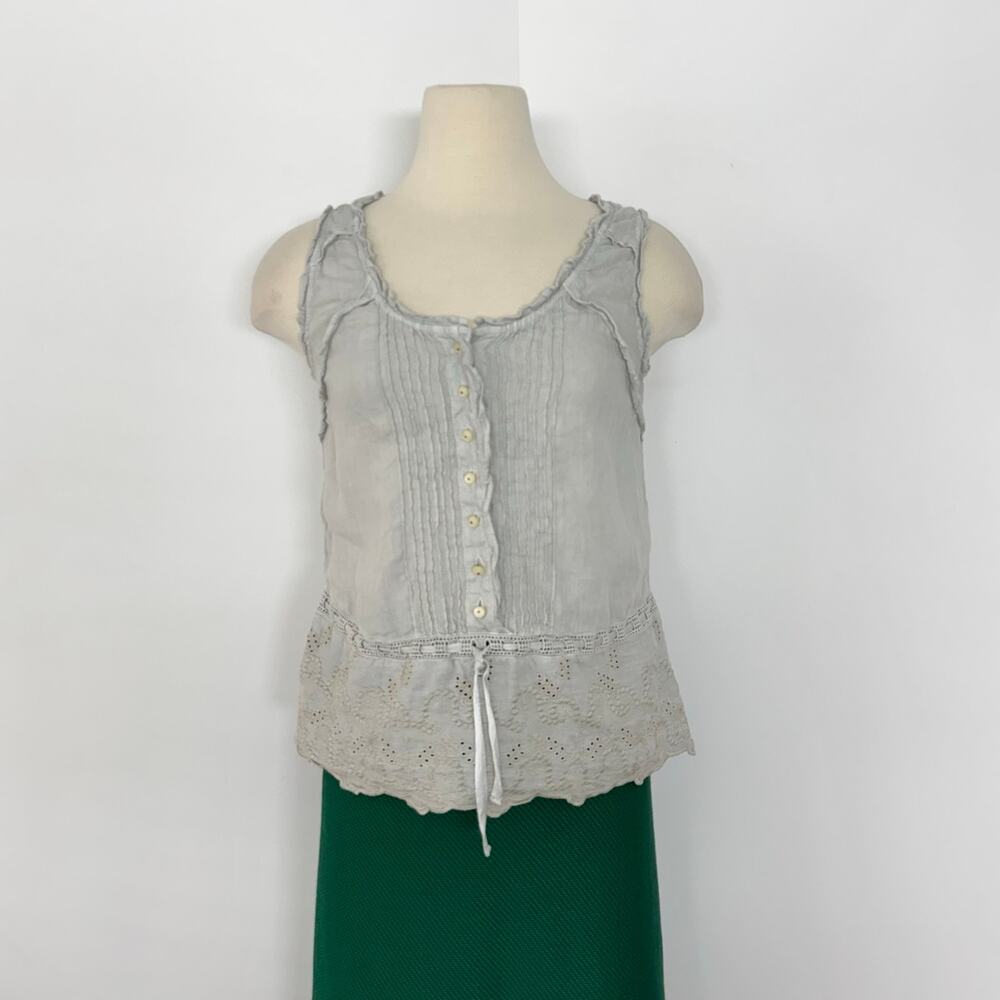 120% Lino Linen Embroidered Button-Down Tank Top Gray 42 (US 6) - Picture 2 of 11